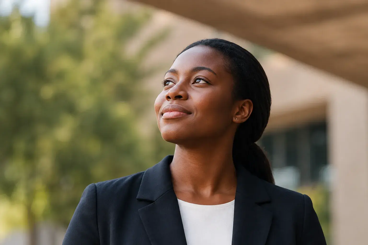 A young professional woman looks ahead outside a modern building.