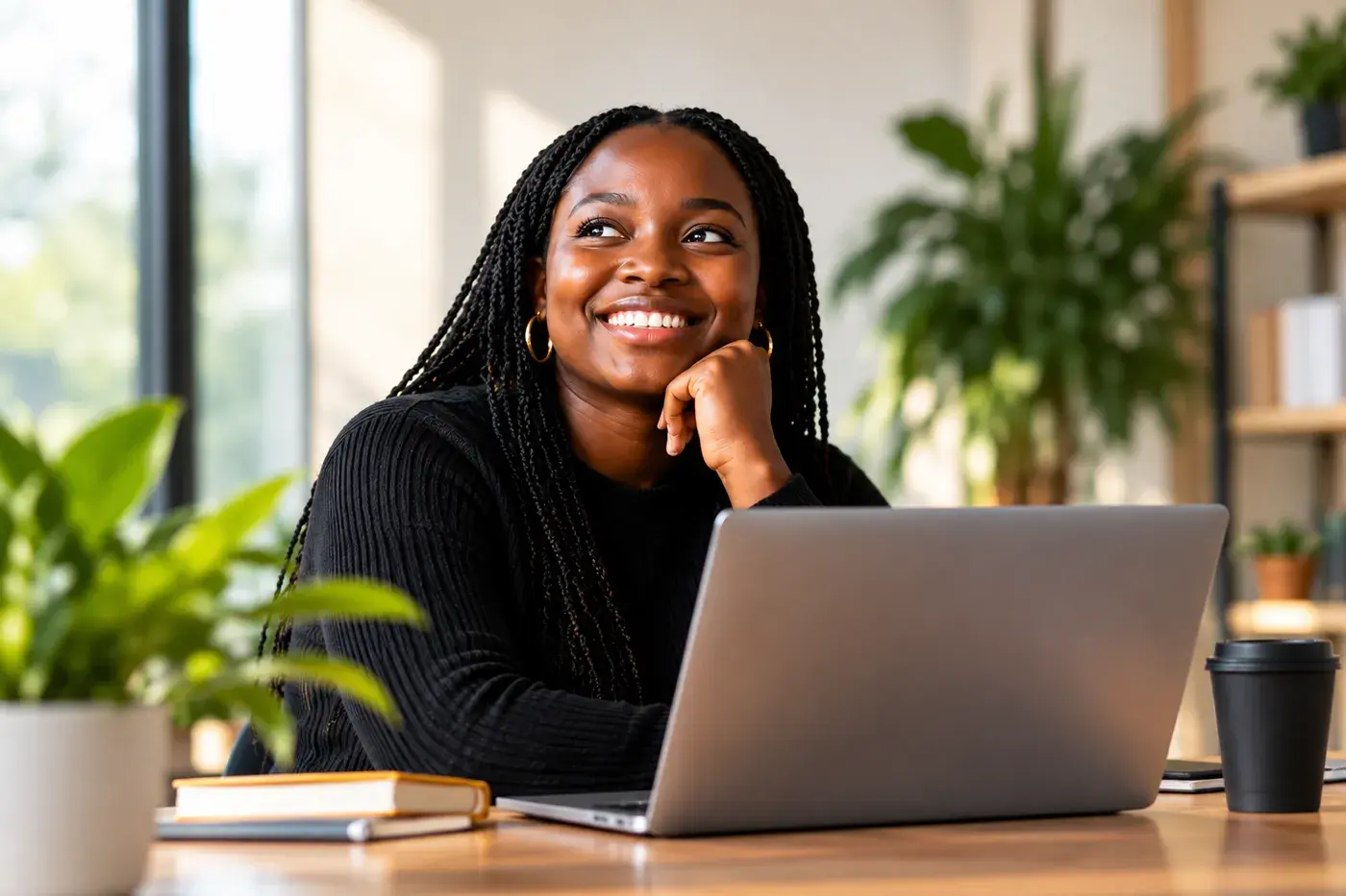 A young woman smiles thoughtfully while working at her laptop.